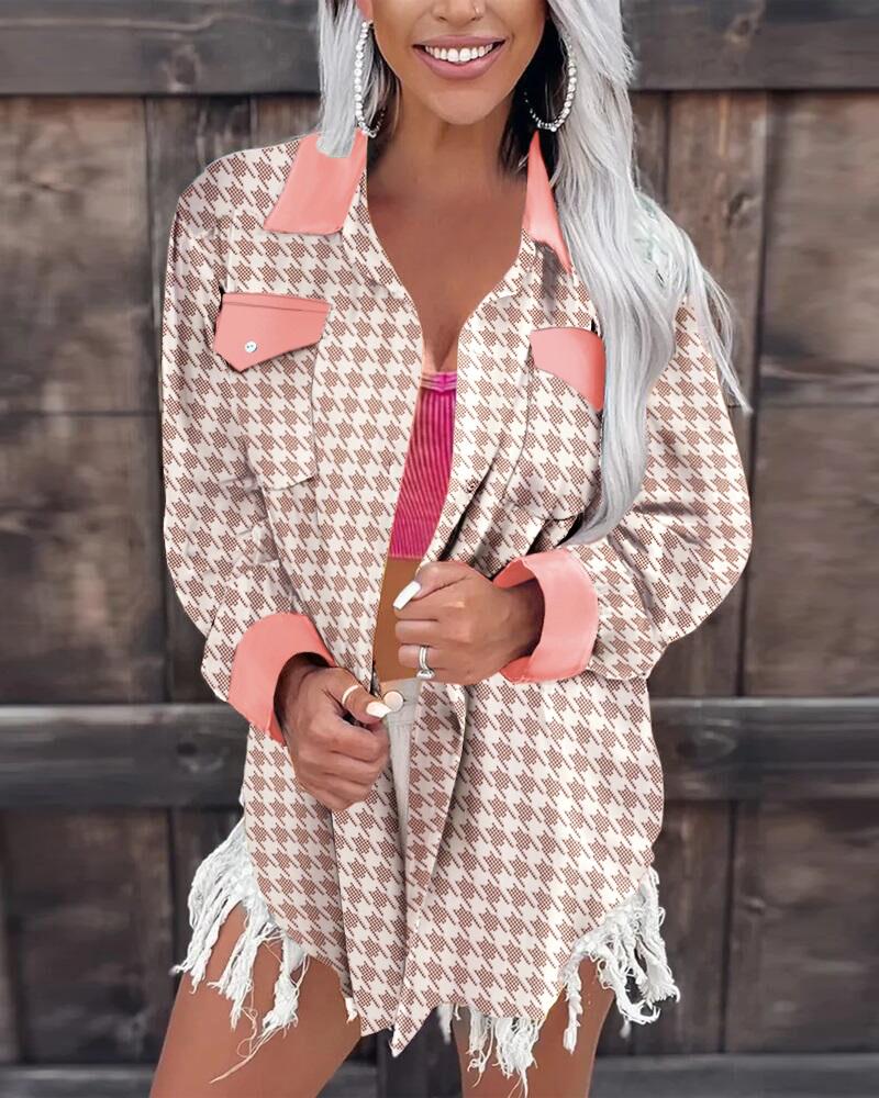 

Houndstooth Print Pocket Design Shirt, Pink