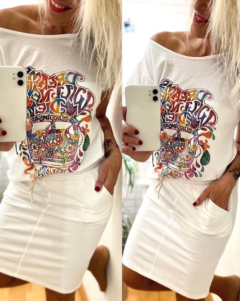 

Letter Print Short Sleeve Top & Skirt Set, White