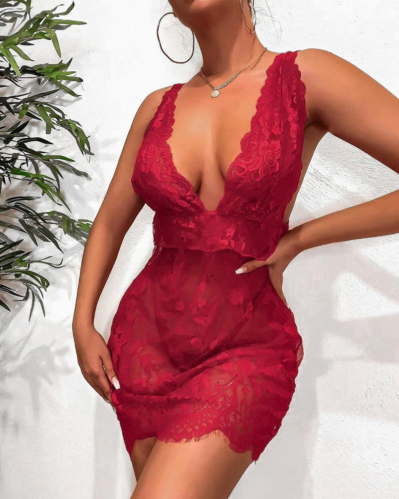 

Sleeveless Crochet Eyelash Lace Plunge Babydoll, Red