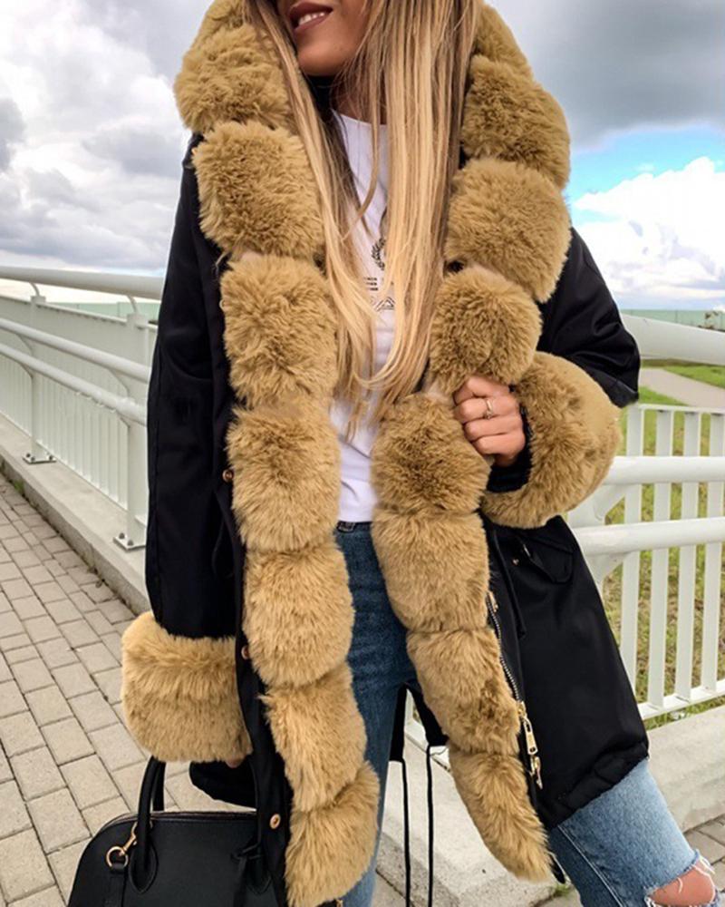 

Fuzzy Trim Long Sleeve Lined Hooded Coat, Khaki