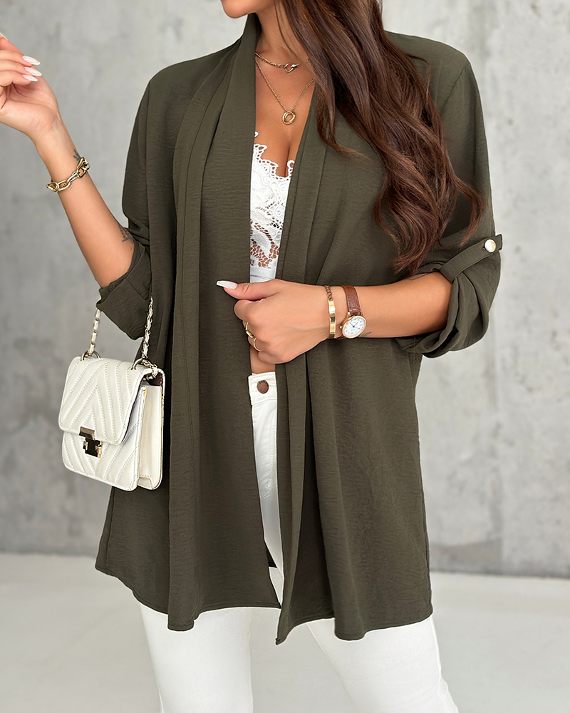 

Manteau décontracté à manches retroussées, haut cardigan léger ouvert sur le devant, Army green