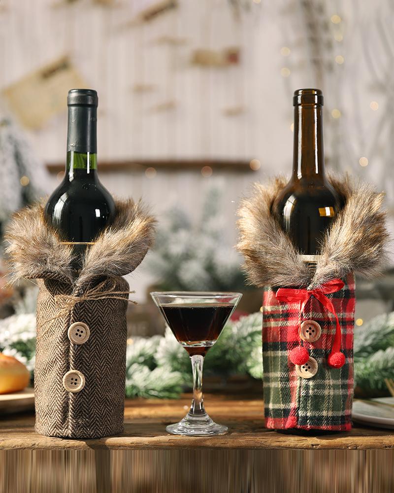 

1pc Christmas Buttoned Feather Detail Wine Bottle Cover Gift Home Decoration, Red