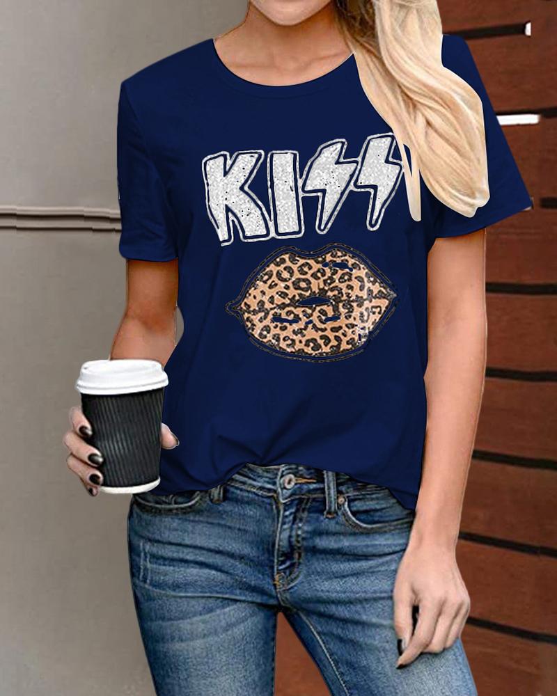 

Cheetah / Lip / Letter Print Casual T-shirt, Dark blue