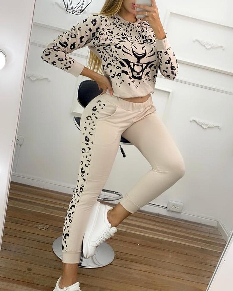 

Leopard Print Top & Drawstring Pants Set, Apricot