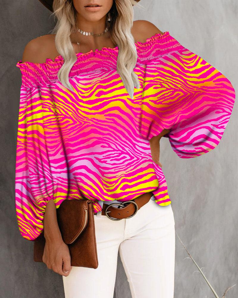 

Zebra Stripe Print Shirred Off Shoulder Top, Hot pink