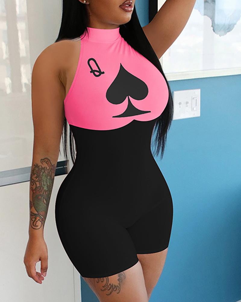 

Poker Print Colorblock Sleeveless Fitted Romper, Pink