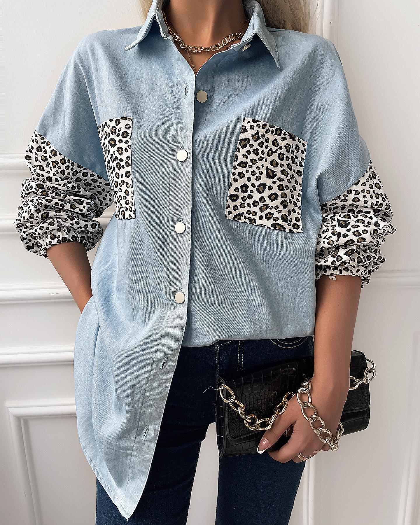 

Leopard Print Drop Shoulder Button Up Denim Shirt, Blue