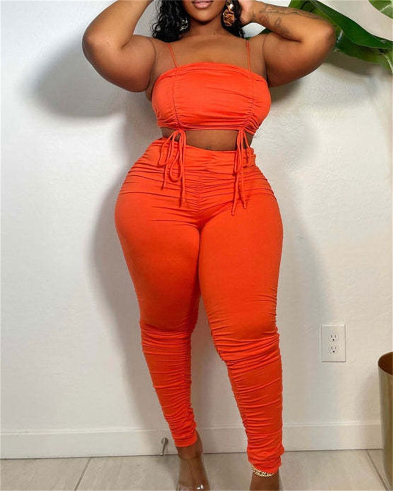 

Drawstring Ruched Crop Cami Top & Pants Set, Orange