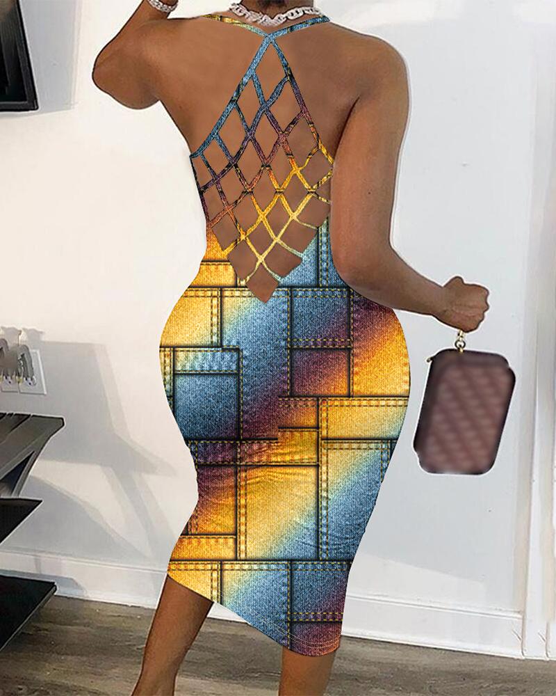 

Rainbow Ombre Denim Look Print Backless Bodycon Dress, Yellow