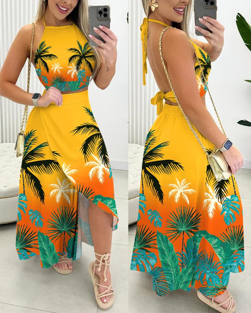 

Ombre Tropical Print Halter Backless Top & Slit Skirt Set, Yellow