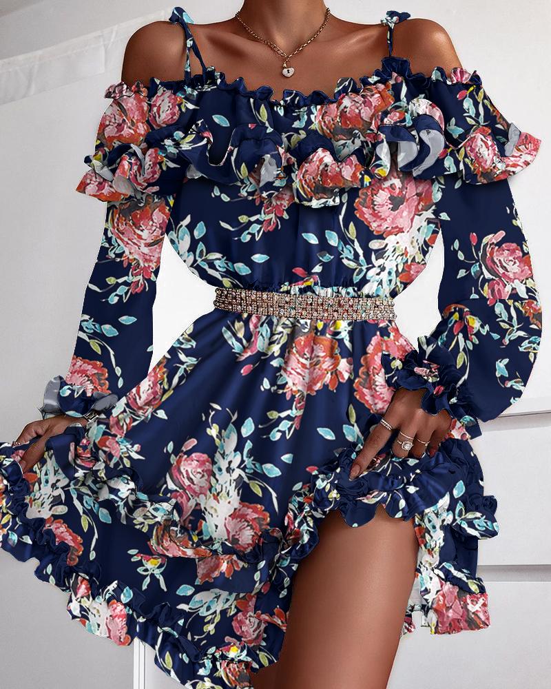 

Off Shoulder Cami Ruffles Floral Print Dress, Purplish blue