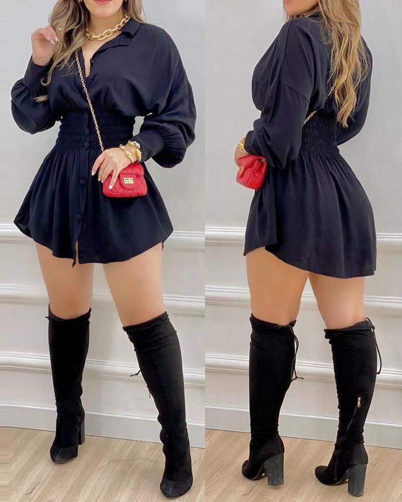 

Shirred Lantern Sleeve Buttoned Shirt Dress, Black