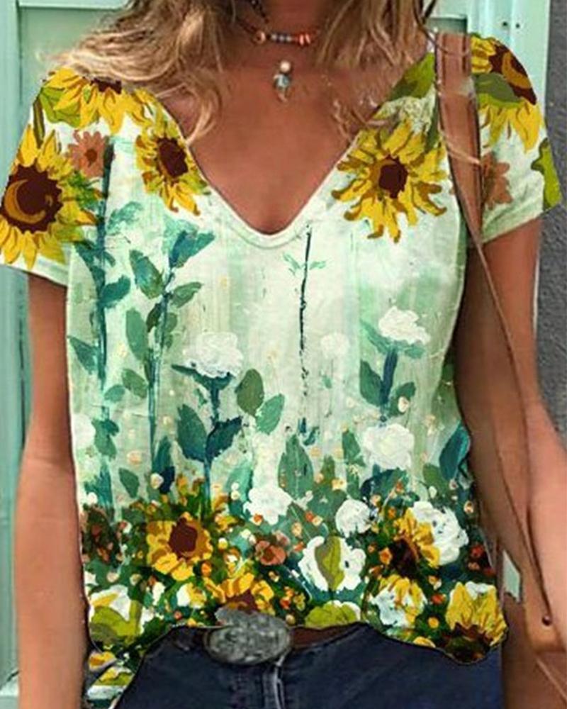 

Sunflower Print Short Sleeve Loose T-shirts, Green