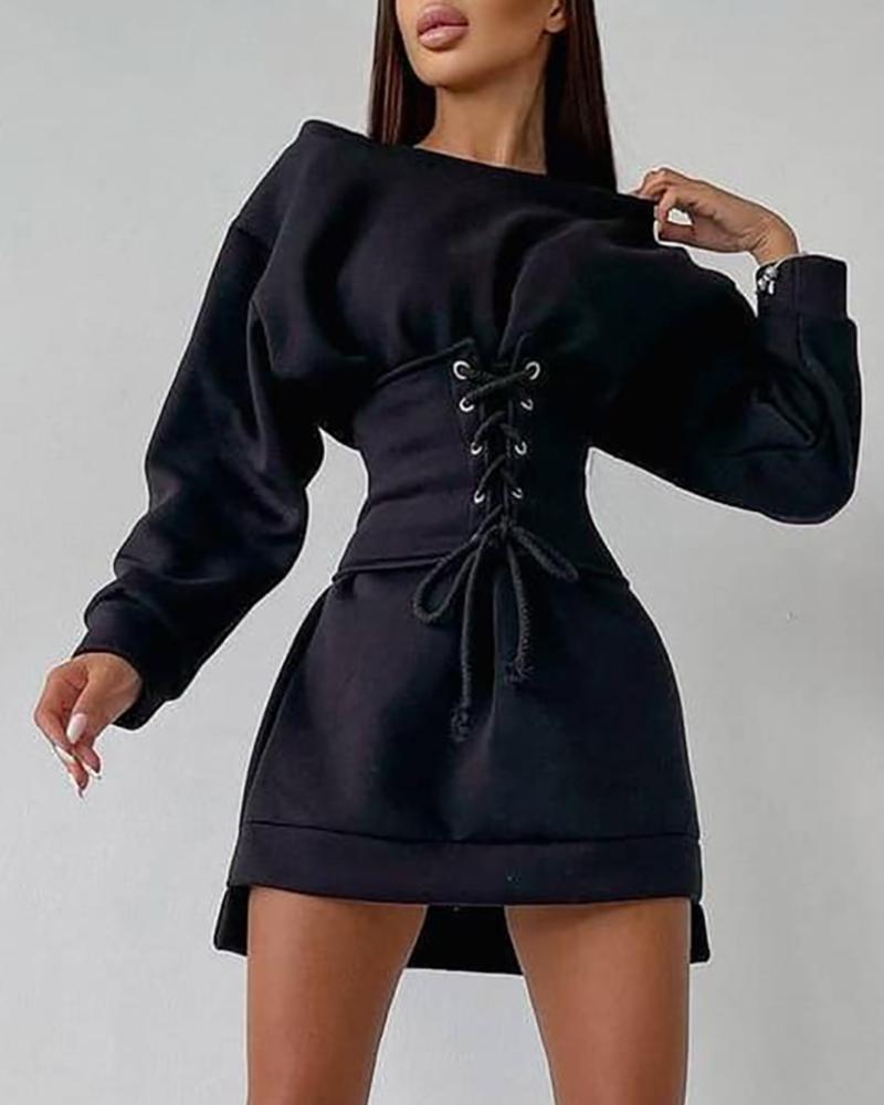 

Long Sleeve Sweatshirt Dress With Eyelet Lace-up Corset, Black