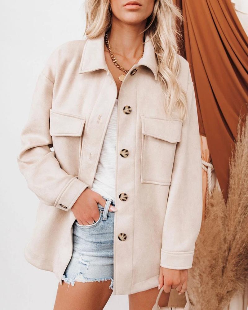 

Button Front Pocket Design Suede Coat, Apricot
