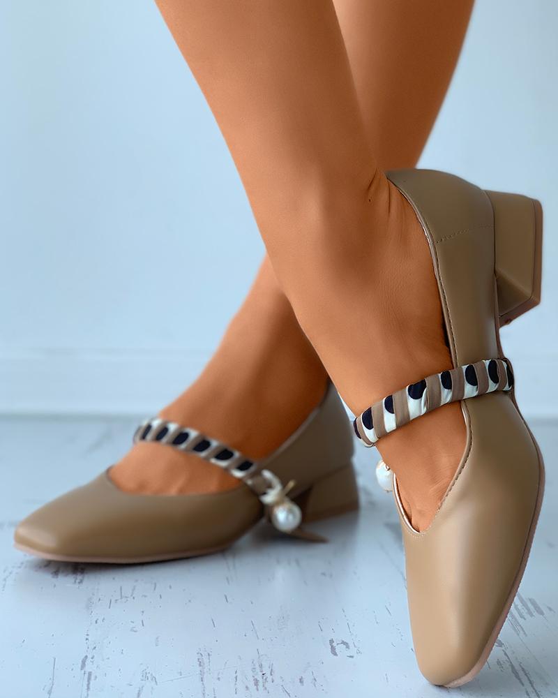 

Beaded Decor Square Toe Chunky Mary Jane, Brown