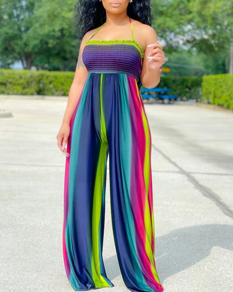 

Plus Size Multicolor Striped Halter Backless Shirred Jumpsuit