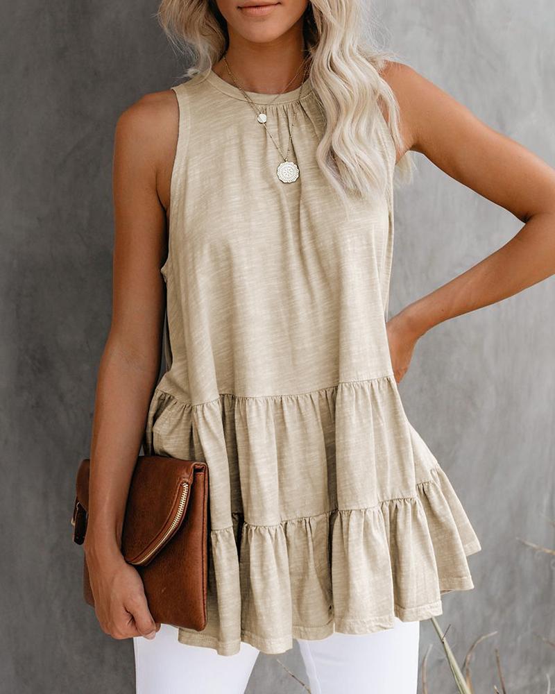 

Plain Sleeveless Ruffle Lace Up Top, Khaki