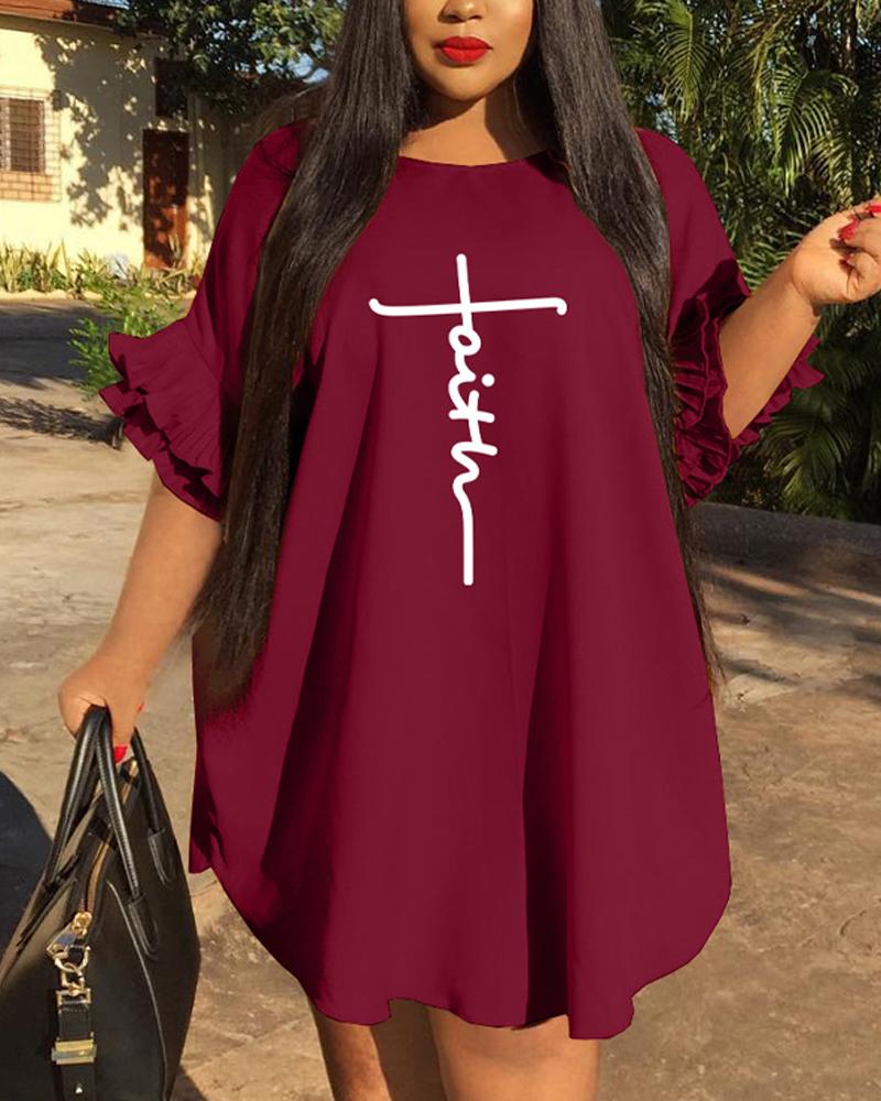 

Plus Size Letter Print Bell Sleeve Curved Hem Casual Dress, Wine red