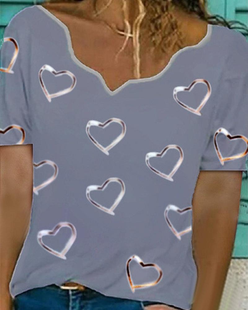 

Valentine's Day Heart Print Casual T-shirt, Gray