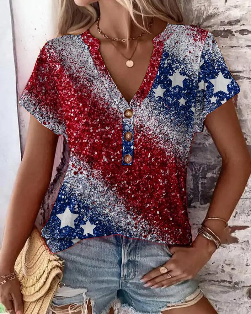 

Independence Day Flag Print Buttoned T-shirt, Multicolor