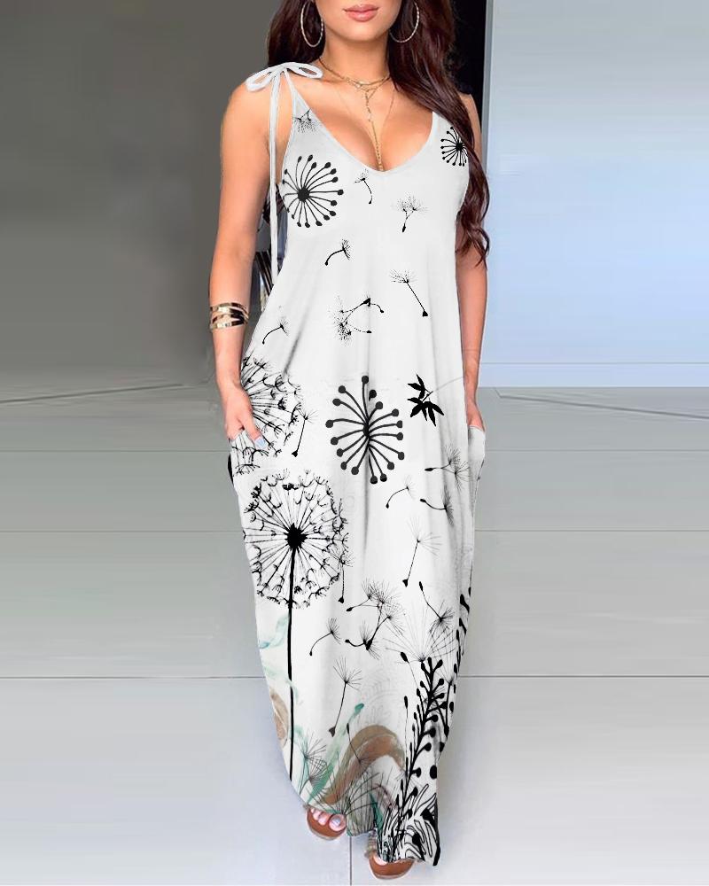 

Dandelion Print Pocket Design Tied Detail Maxi Dress, White