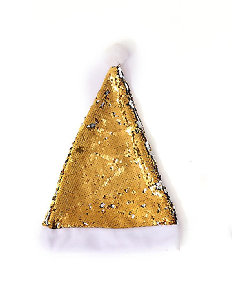 

1pc Christmas Sequins Pom Pom Hat, Gold