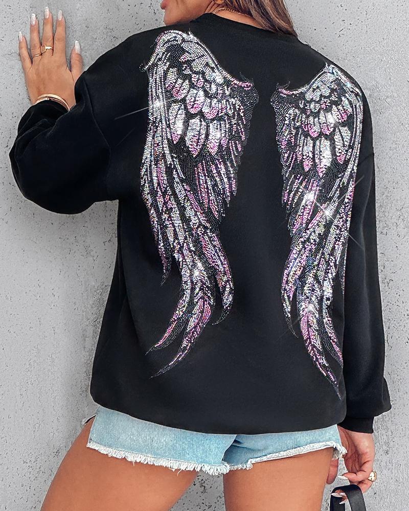 

Rhinestone Letter Wings Pattern Crewneck Drop Shoulder Sweatshirt, Black