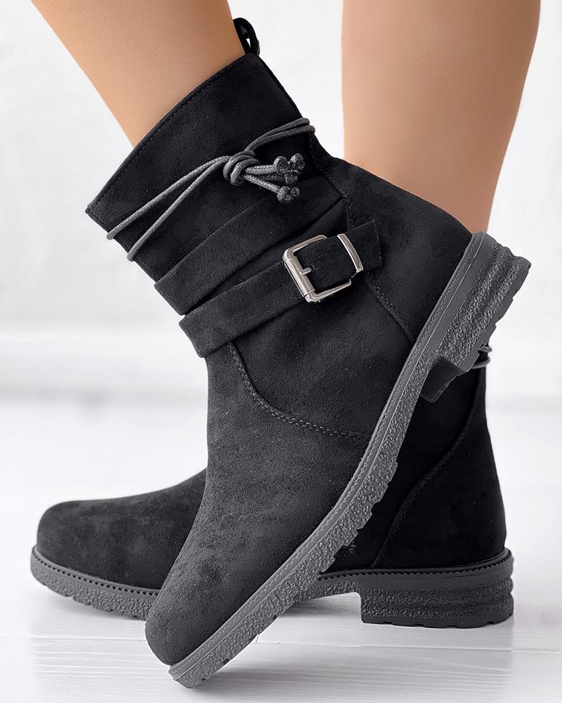 

Tied Detail Side Zipper Buckled Ankle Boots, Black