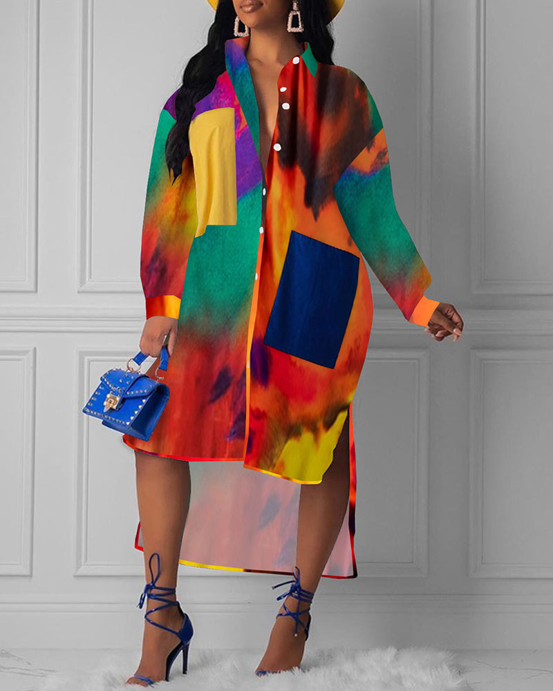 

Tie Dye Print Colorblock Dip Hem Buttoned Shirt Dress, Orange