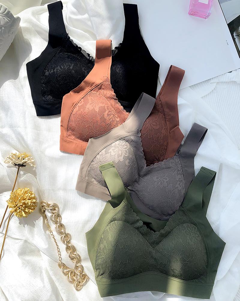 

Crochet Lace Seamless V-Neck Bralette, Nude