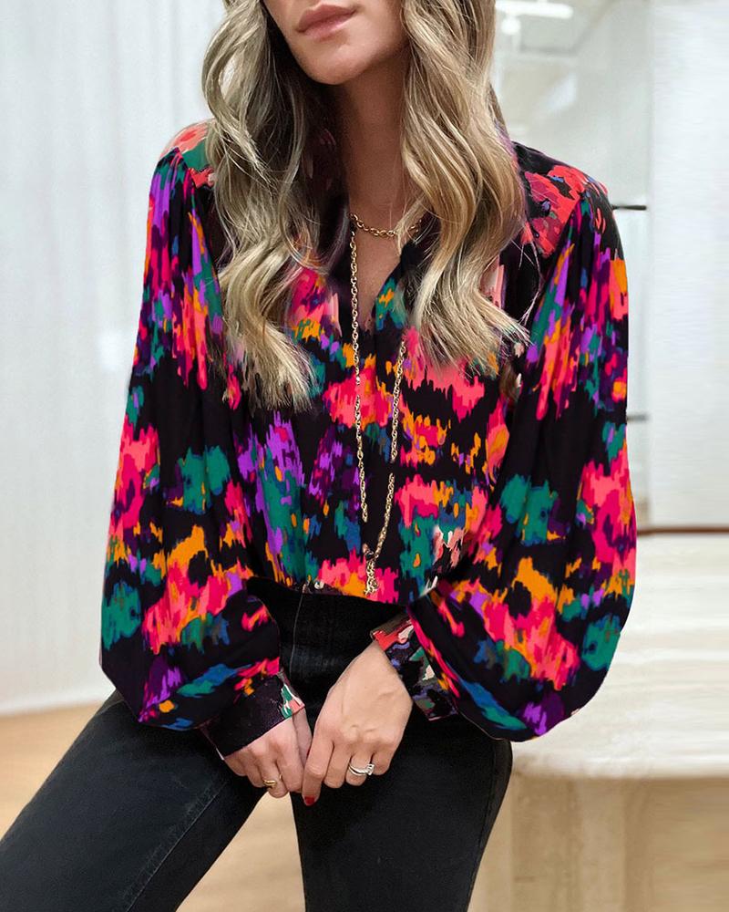 

Abstract Print Lantern Sleeve Top, Multicolor