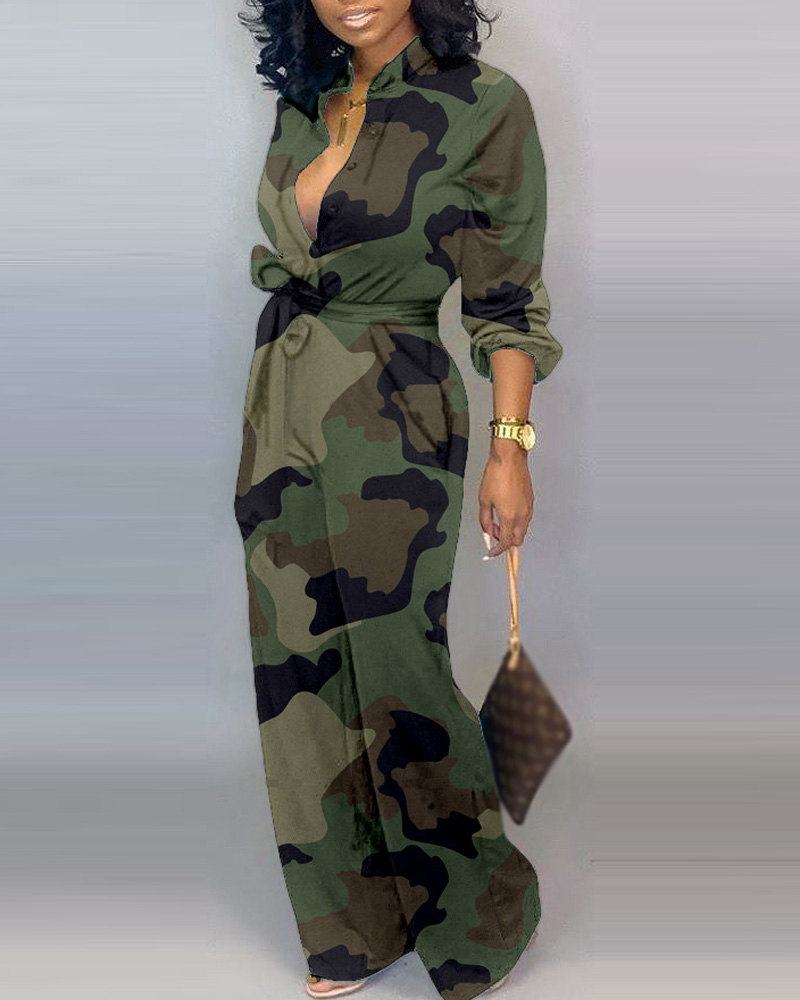 

Camouflage Print Long Sleeve Belted Jumpsuit, Green