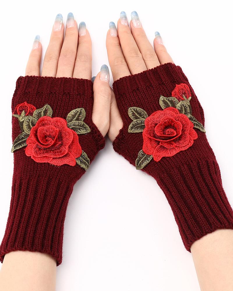 

1Pair Floral Embroidery Fingerless Winter Knit Warm Gloves, Style7