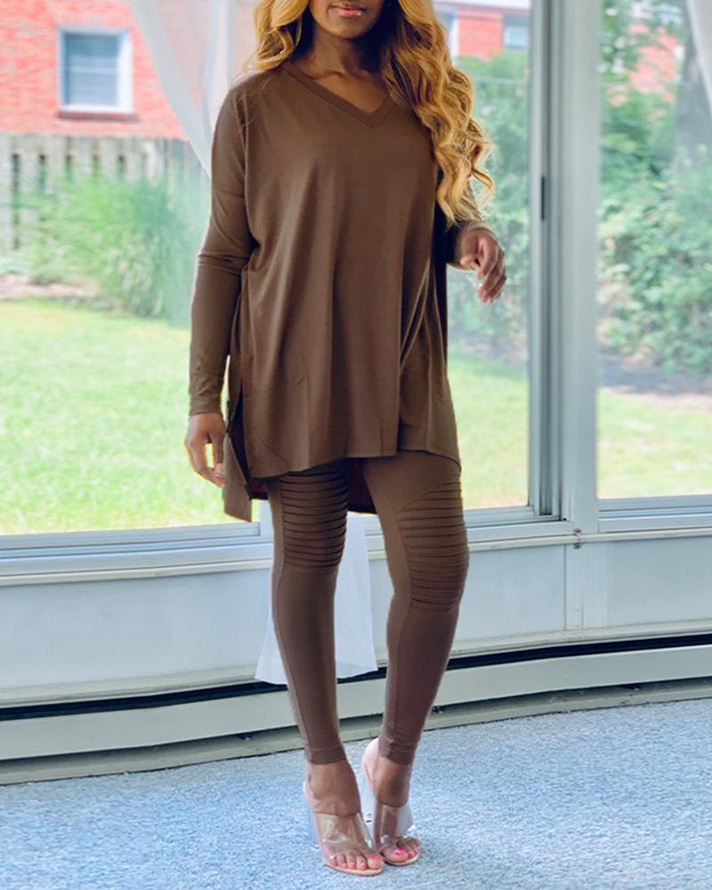 

Solid Slit Casual Top & Pants Set, Coffee
