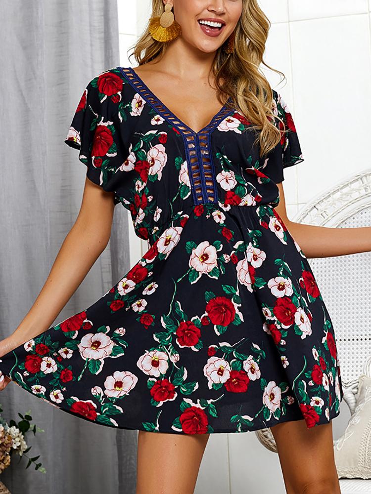 

Floral Print Hollow Out Insert Casual Dress, Black