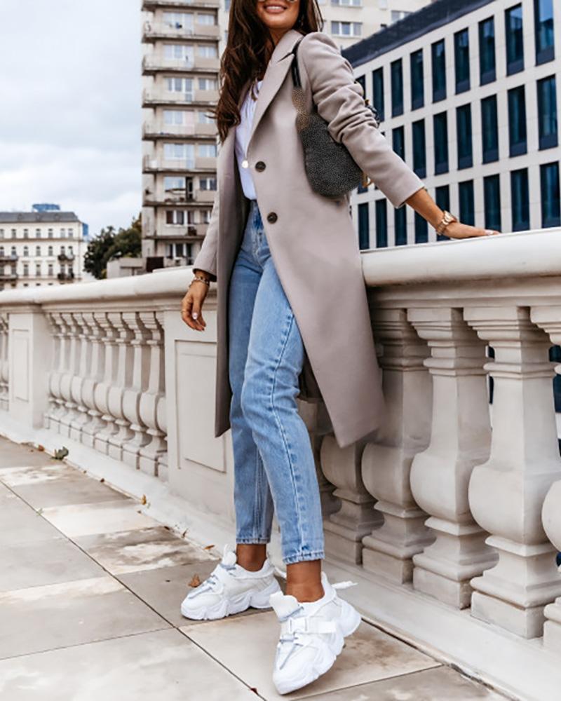 

Button Design Long Sleeve Casual Longline Coat, Gray