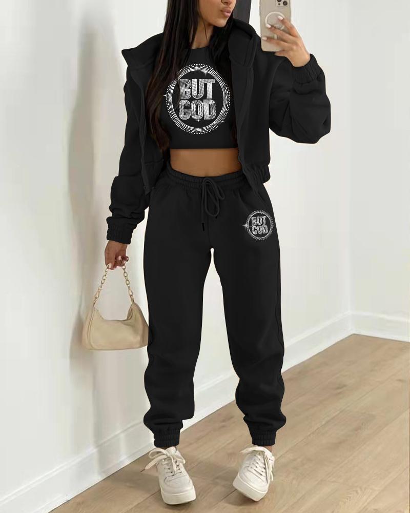 

3PCS But God Rhinestone Crop Top & Pants Set With Coat, Black