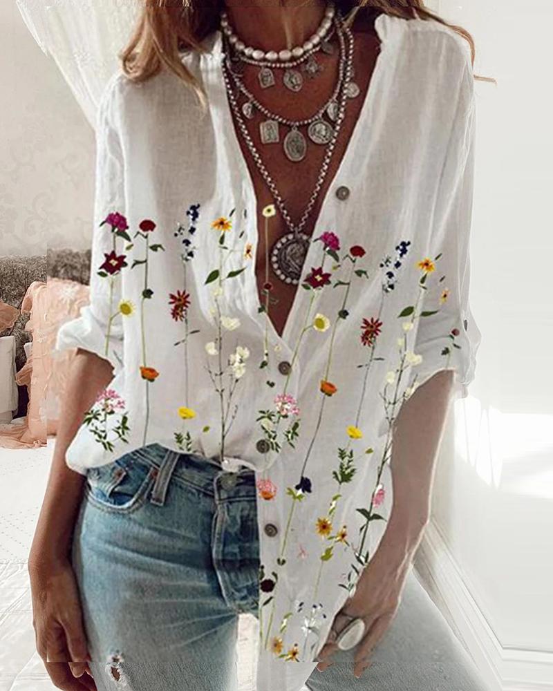 

Floral Print Button Design Long Sleeve Top, White
