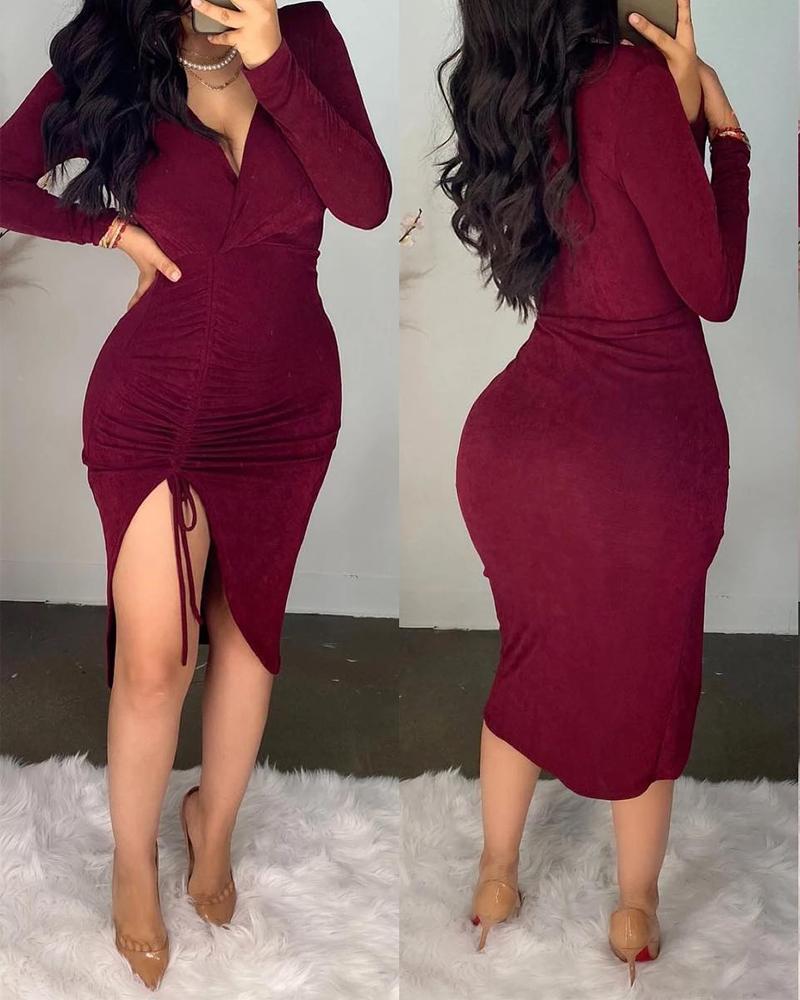 

Long Sleeve Drawstring Ruched Bodycon Dress, Wine red