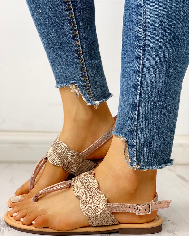 

Toe Post Boho Style Flat Sandals, Champagne