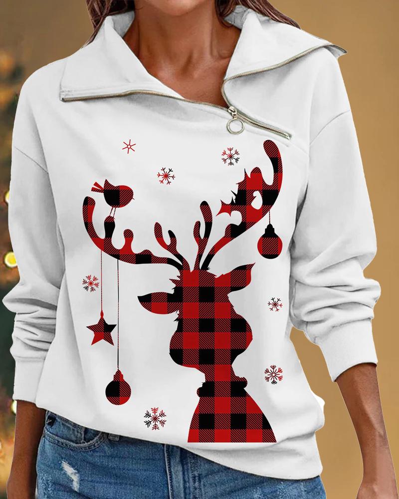 

Christmas Snowflake Elk Print Zip Detail Sweatshirt, White