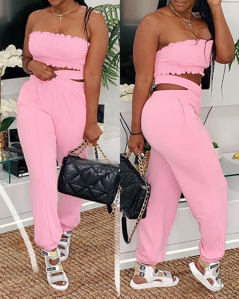 

Shirred Plain Off Shoulder Top & Pocket Design Pants Set, Pink