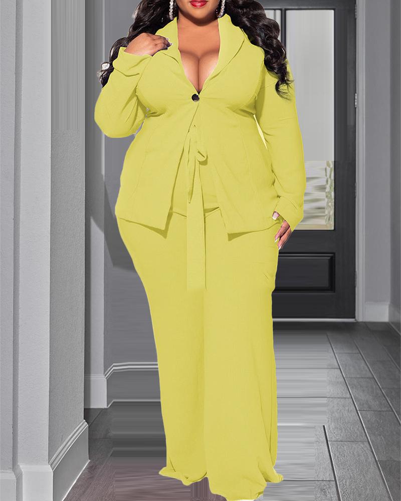 

Plus Size Buttoned Blazer Coat & Tied Detail Pants Set, Yellow