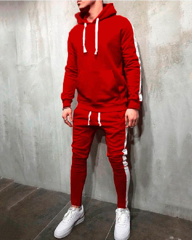 

Men Striped Colorblock Hooded Top & Pants Set, Red