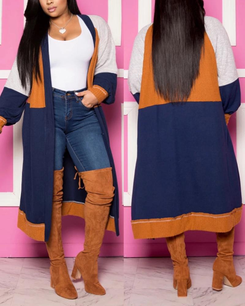 

Plus Size Colorblock Open Front Longline Coat, Orange