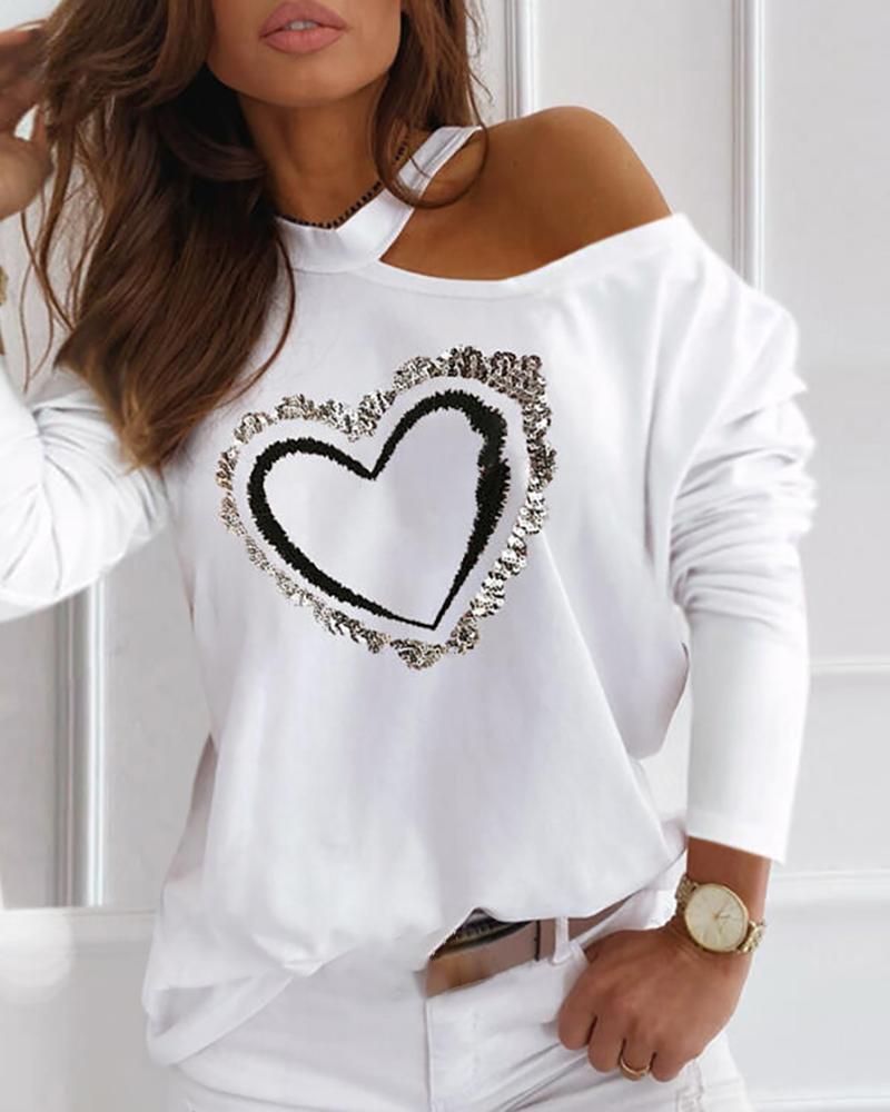 

Heart Pattern Sequins Cold Shoulder Long Sleeve Top, White