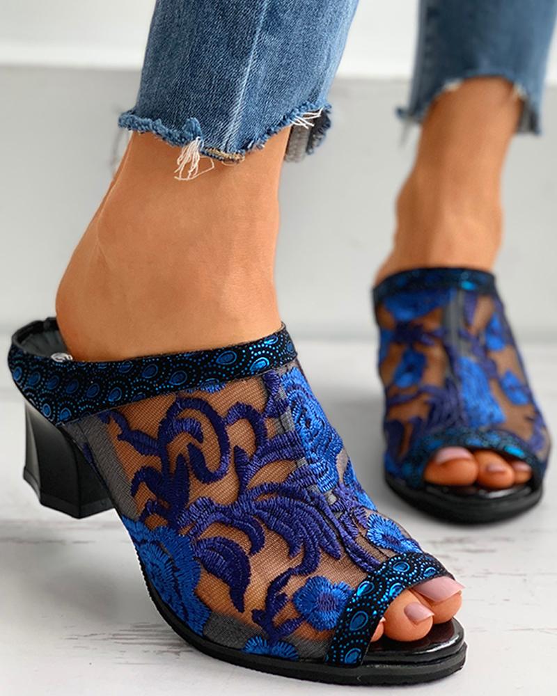 

Floral Embroidery Sheer Mesh Chunky Heels, Blue