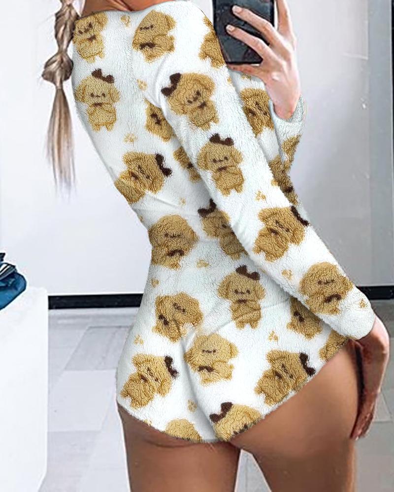 

Cartoon Bear Print Long Sleeve Fluffy Sleep Onesie, White