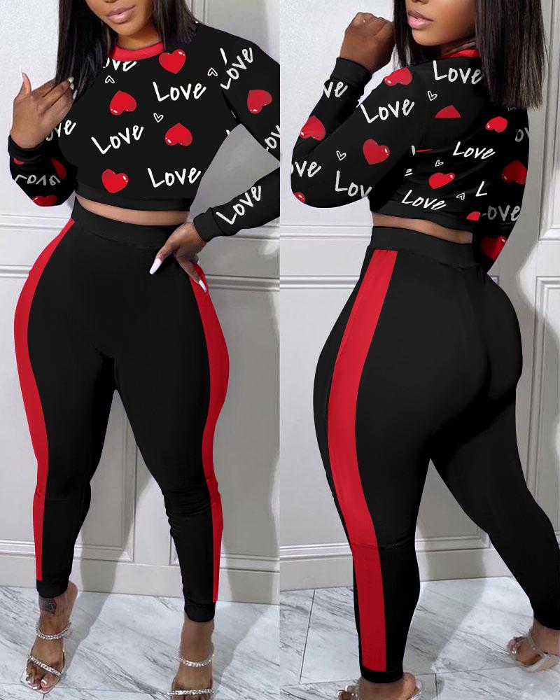 

Valentine' Day Love Heart Print Top & Contrast Paneled Pants Set, Black